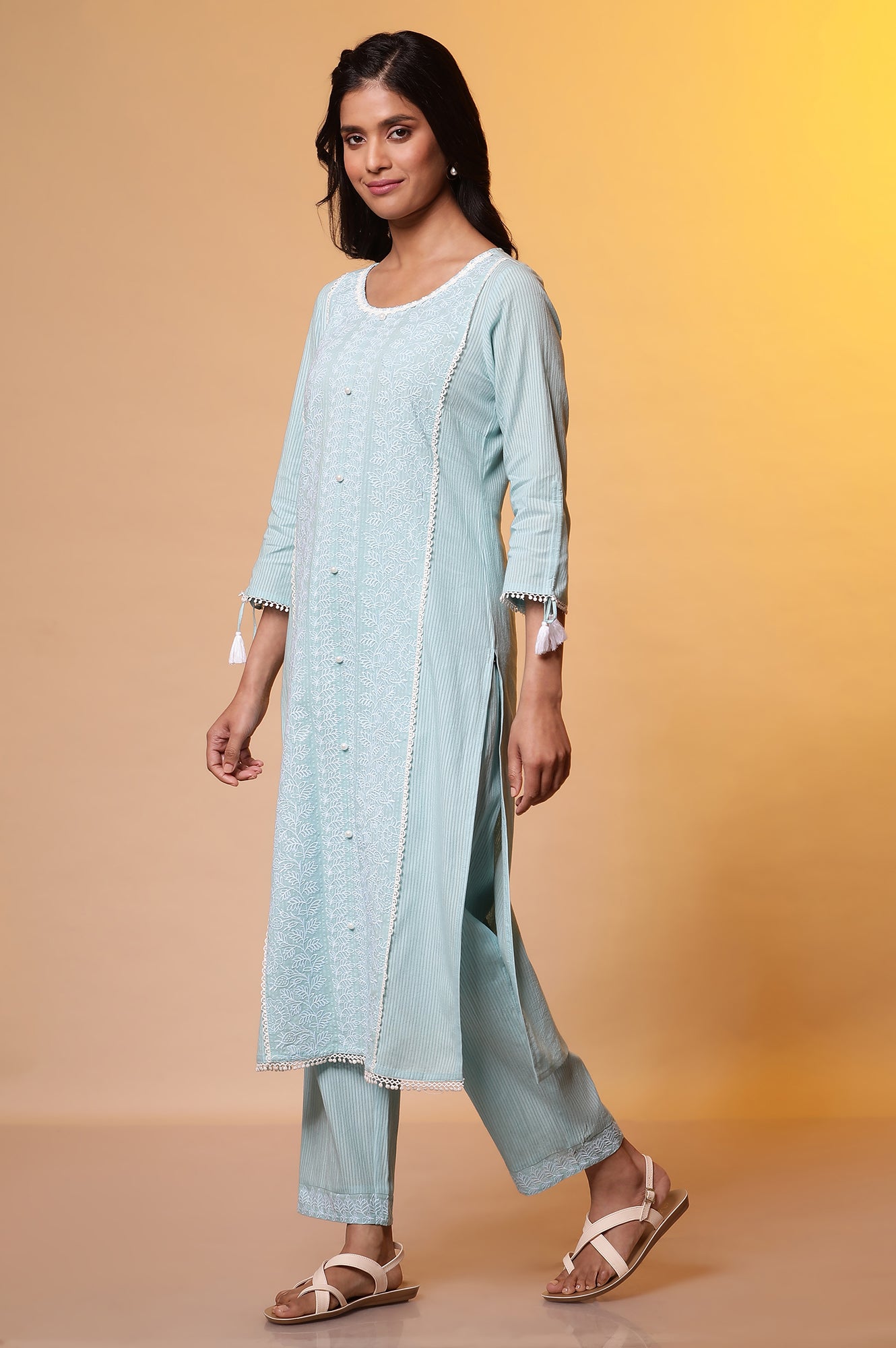 Blue Embroidered Cottom Kurta, Pants and Embroidered Dupatta