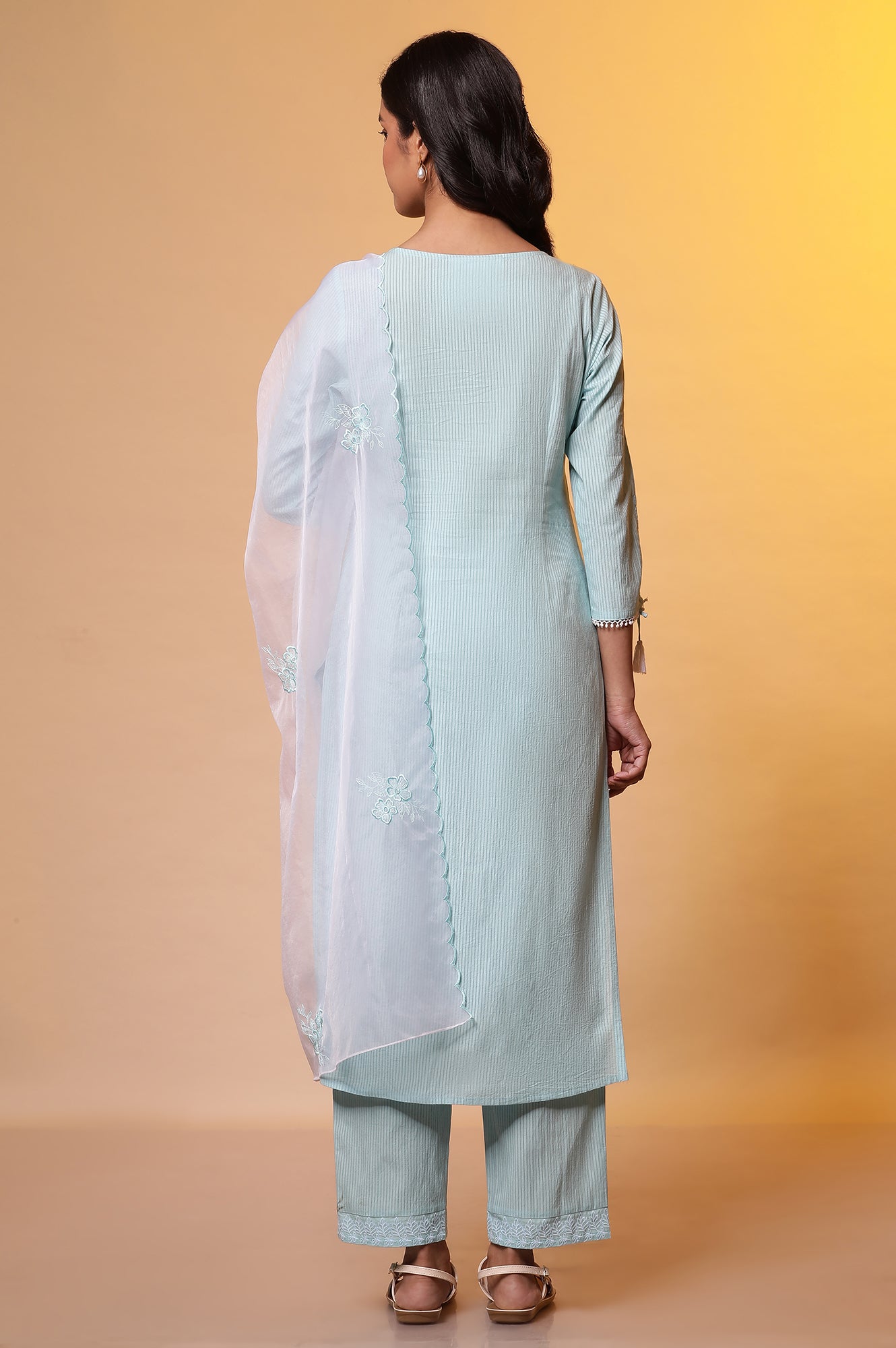 Blue Embroidered Cottom Kurta, Pants and Embroidered Dupatta