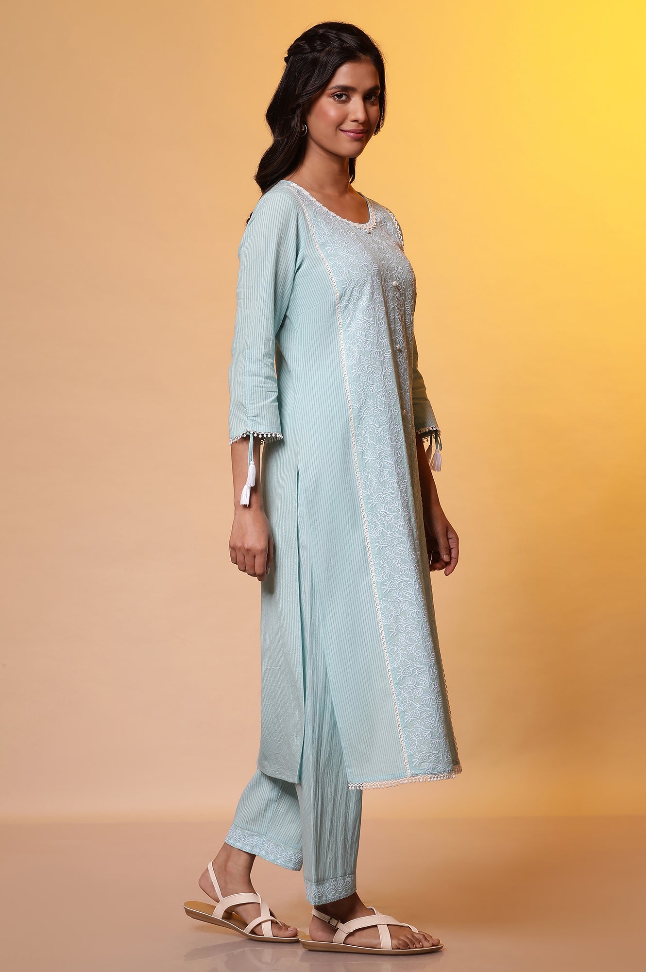 Blue Embroidered Cottom Kurta, Pants and Embroidered Dupatta