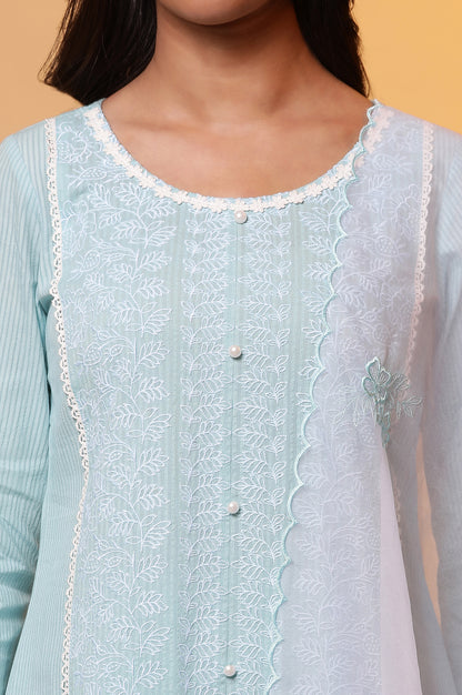 Blue Embroidered Cottom Kurta, Pants and Embroidered Dupatta