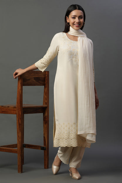 Pastel Beige Embroidered Kurta, Pants and Dupatta Set