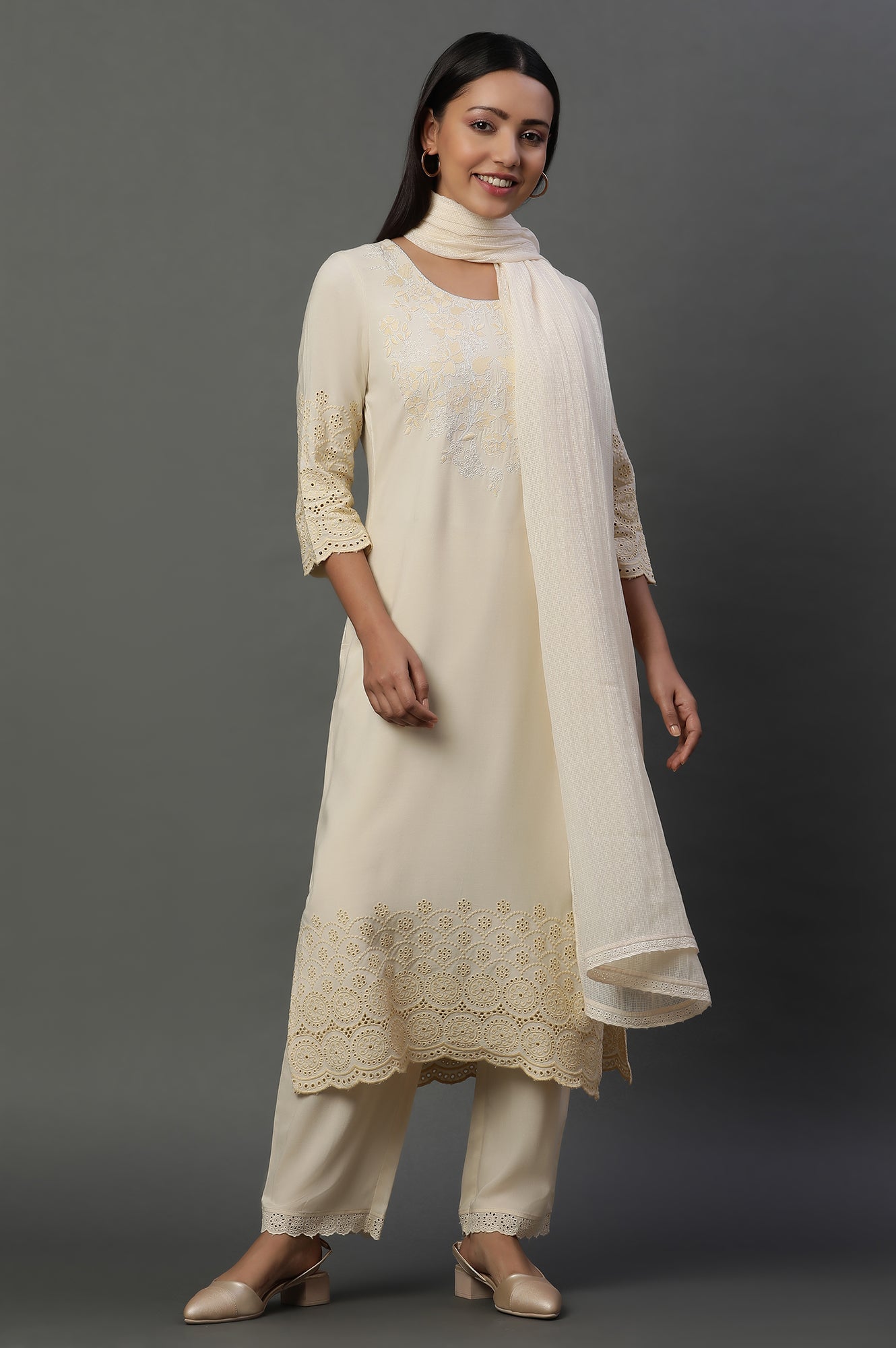 Pastel Beige Embroidered Kurta, Pants and Dupatta Set