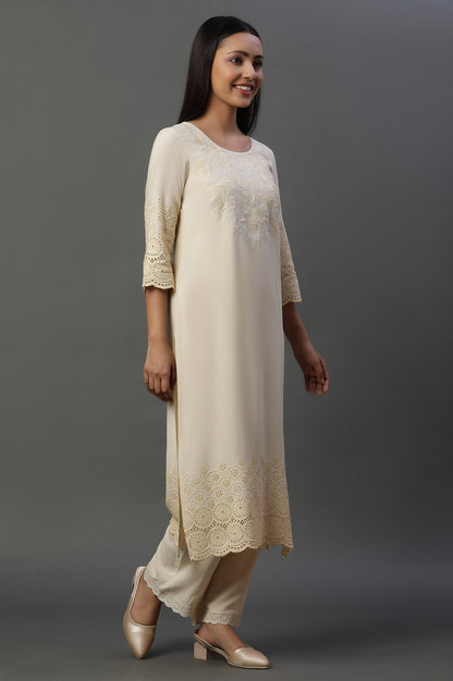 Pastel Beige Embroidered Kurta, Pants and Dupatta Set