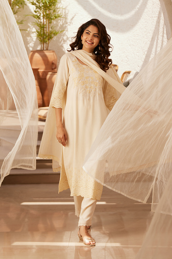 Pastel Beige Embroidered Kurta, Pants and Dupatta Set