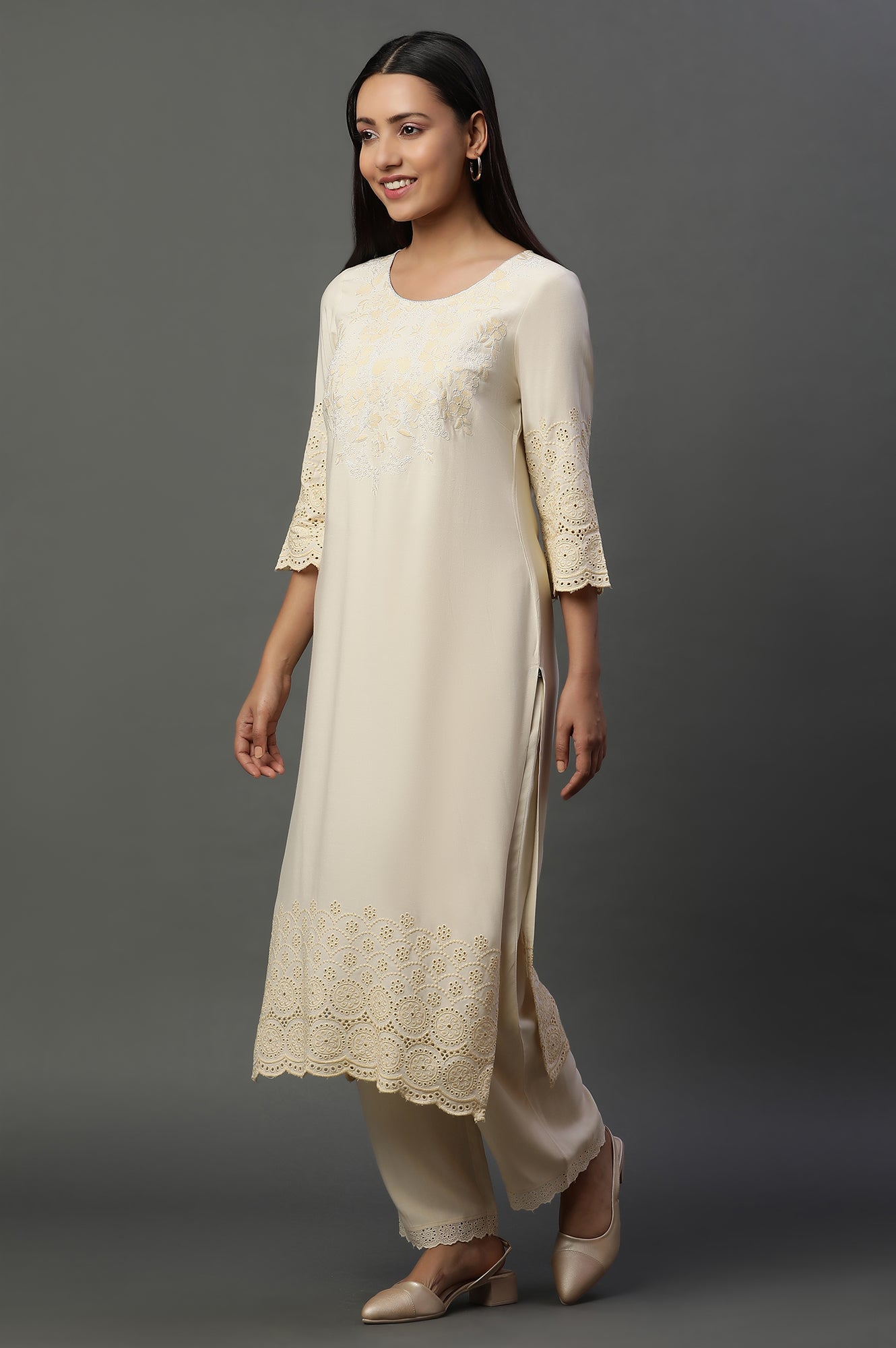 Pastel Beige Embroidered Kurta, Pants and Dupatta Set