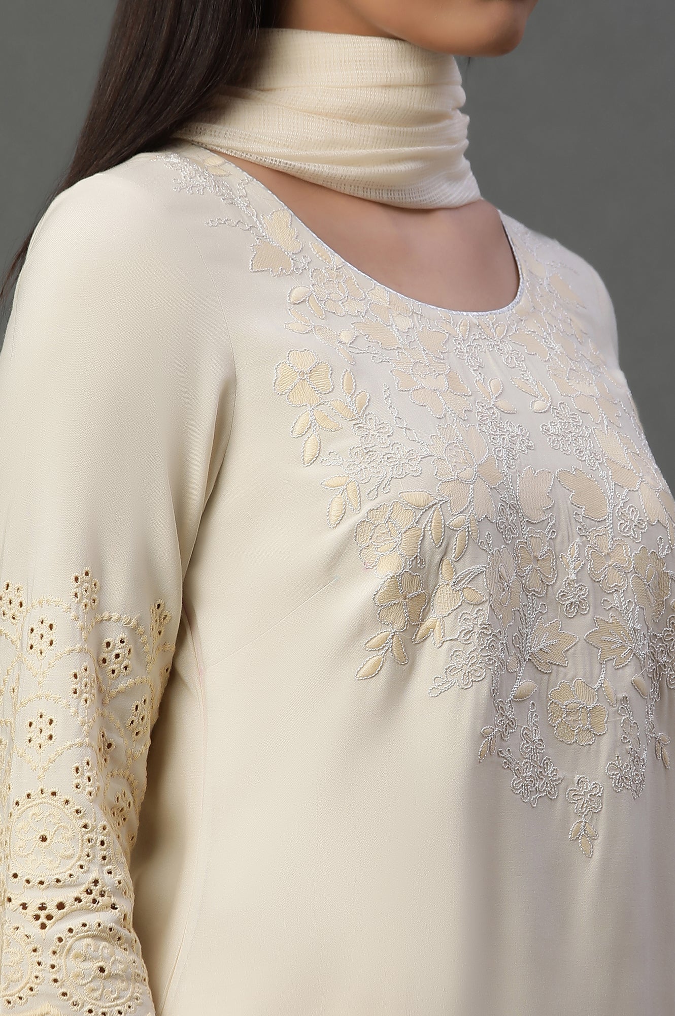 Pastel Beige Embroidered Kurta, Pants and Dupatta Set