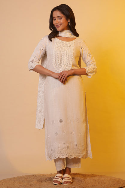 Off-White Schiffli Embroidered Kurta, Pants and Dupatta Set