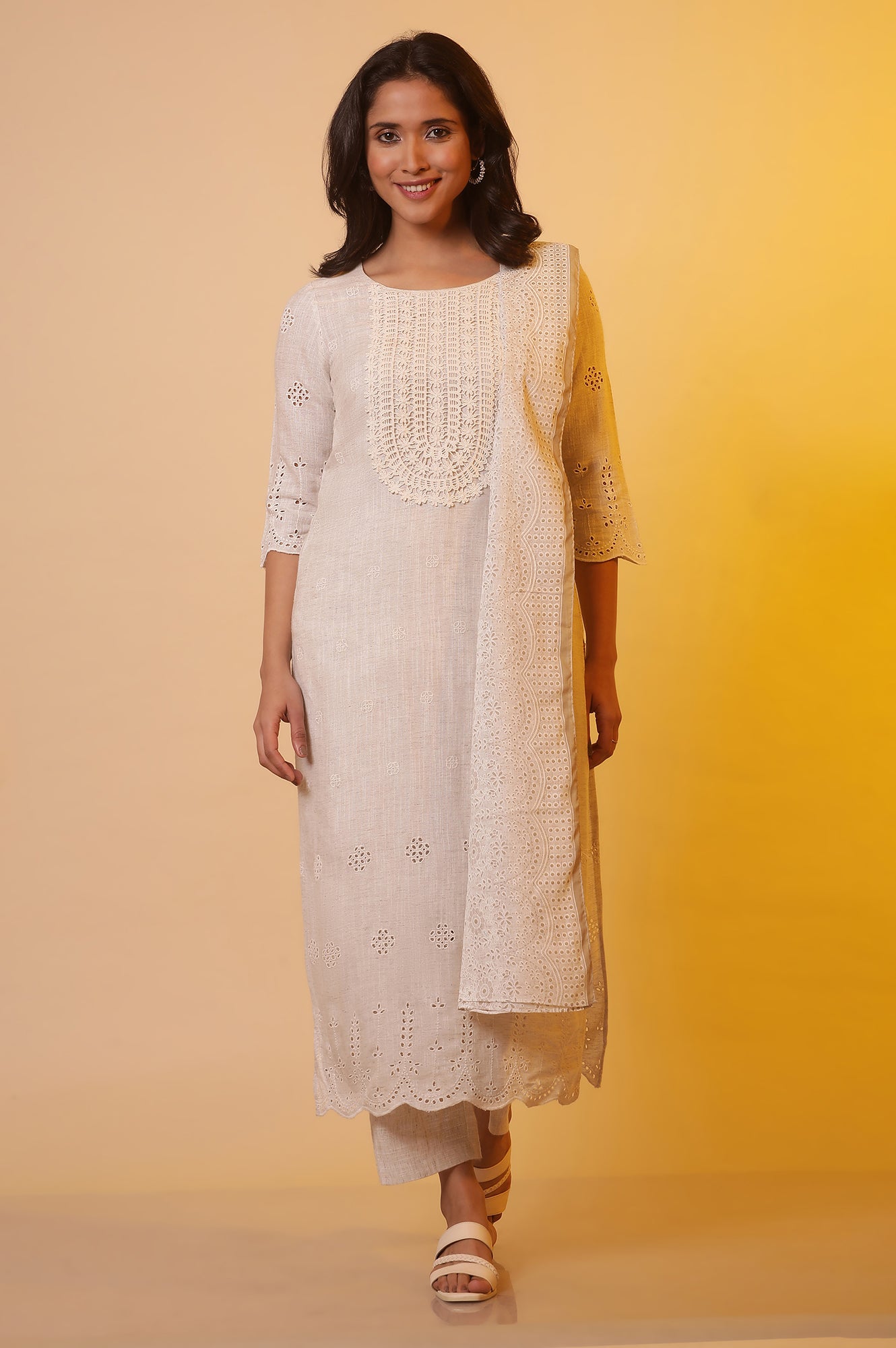 Off-White Schiffli Embroidered Kurta, Pants and Dupatta Set