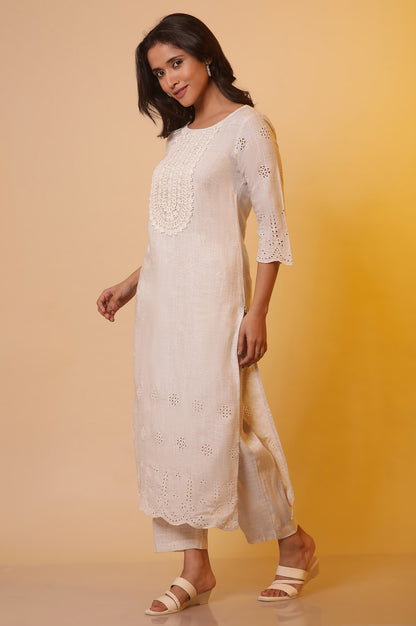 Off-White Schiffli Embroidered Kurta, Pants and Dupatta Set