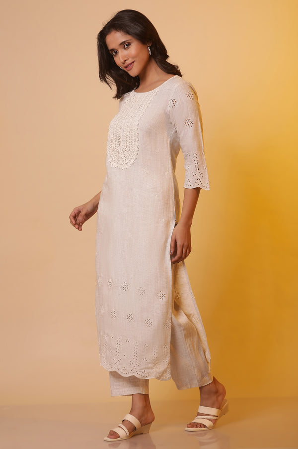 Off-White Schiffli Embroidered Kurta, Pants and Dupatta Set