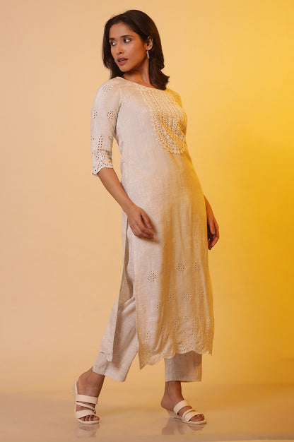 Off-White Schiffli Embroidered Kurta, Pants and Dupatta Set