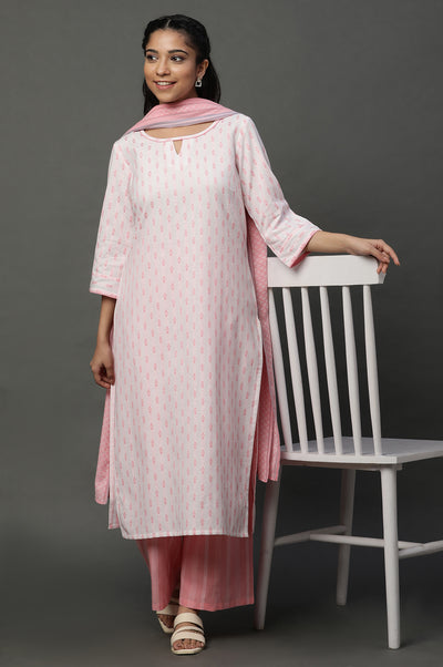 Off White Floral Printed Kurta, Palazzos and Dupatta Set