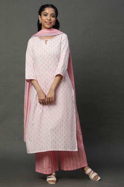 Off White Floral Printed Kurta, Palazzos and Dupatta Set