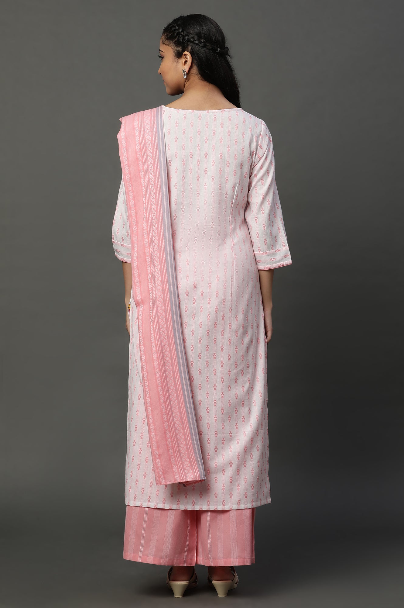 Off White Floral Printed Kurta, Palazzos and Dupatta Set