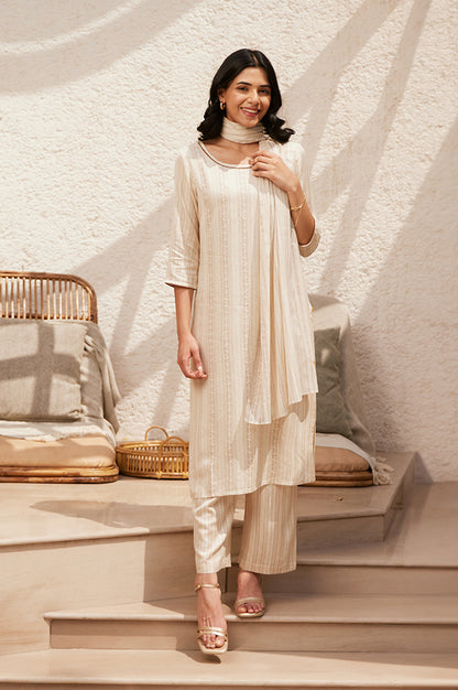 Off-White Striped Cotton Flax Kurta, Pants and Dupatta Set