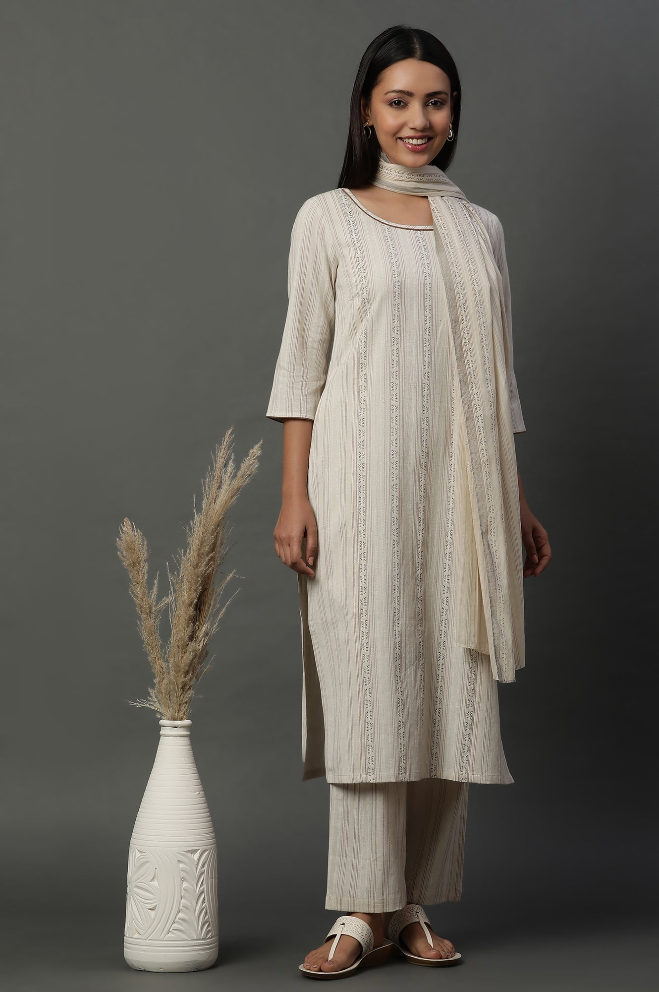 Off-White Striped Cotton Flax Kurta, Pants and Dupatta Set