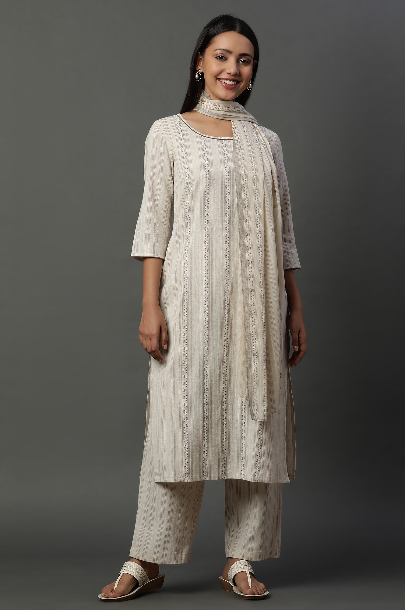 Off-White Striped Cotton Flax Kurta, Pants and Dupatta Set