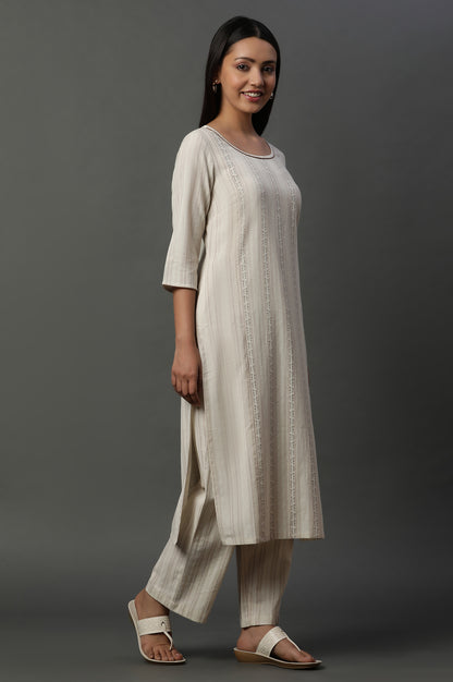 Off-White Striped Cotton Flax Kurta, Pants and Dupatta Set