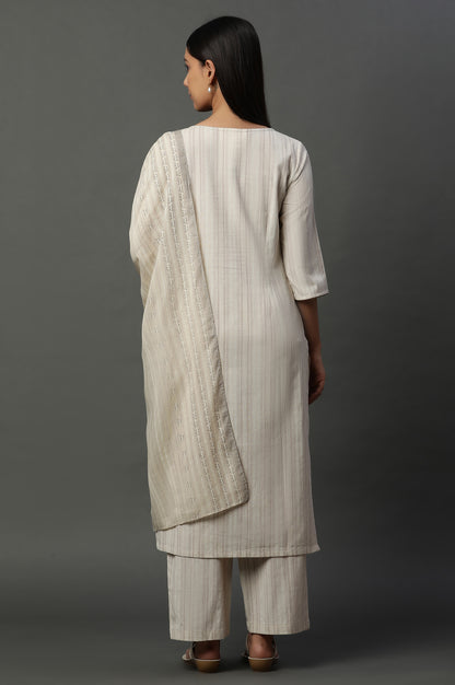 Off-White Striped Cotton Flax Kurta, Pants and Dupatta Set