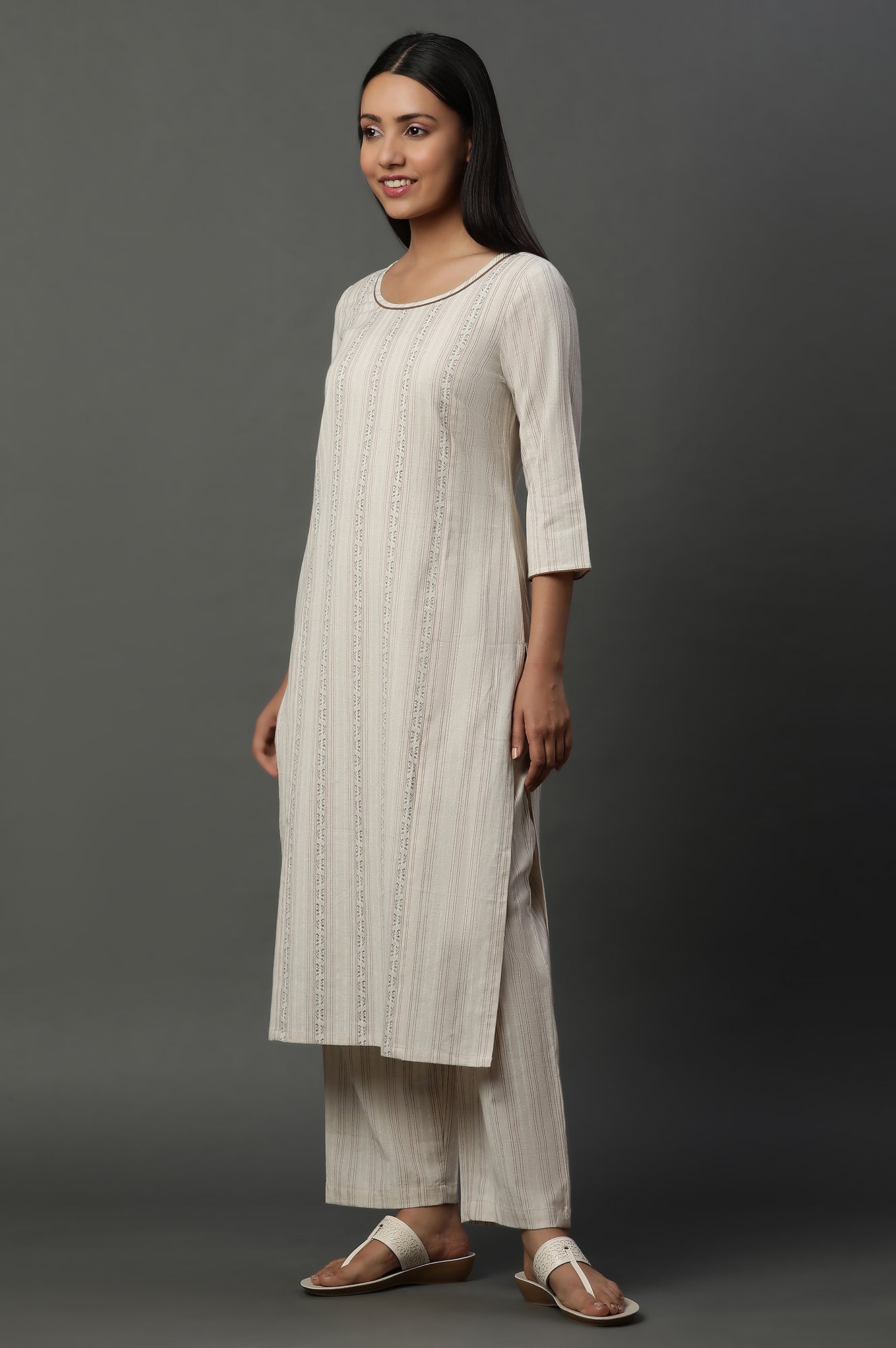 Off-White Striped Cotton Flax Kurta, Pants and Dupatta Set