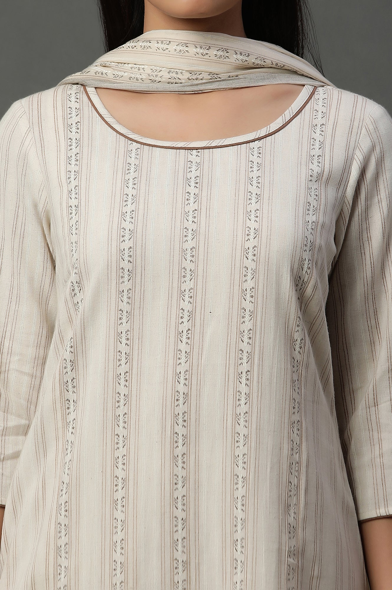 Off-White Striped Cotton Flax Kurta, Pants and Dupatta Set