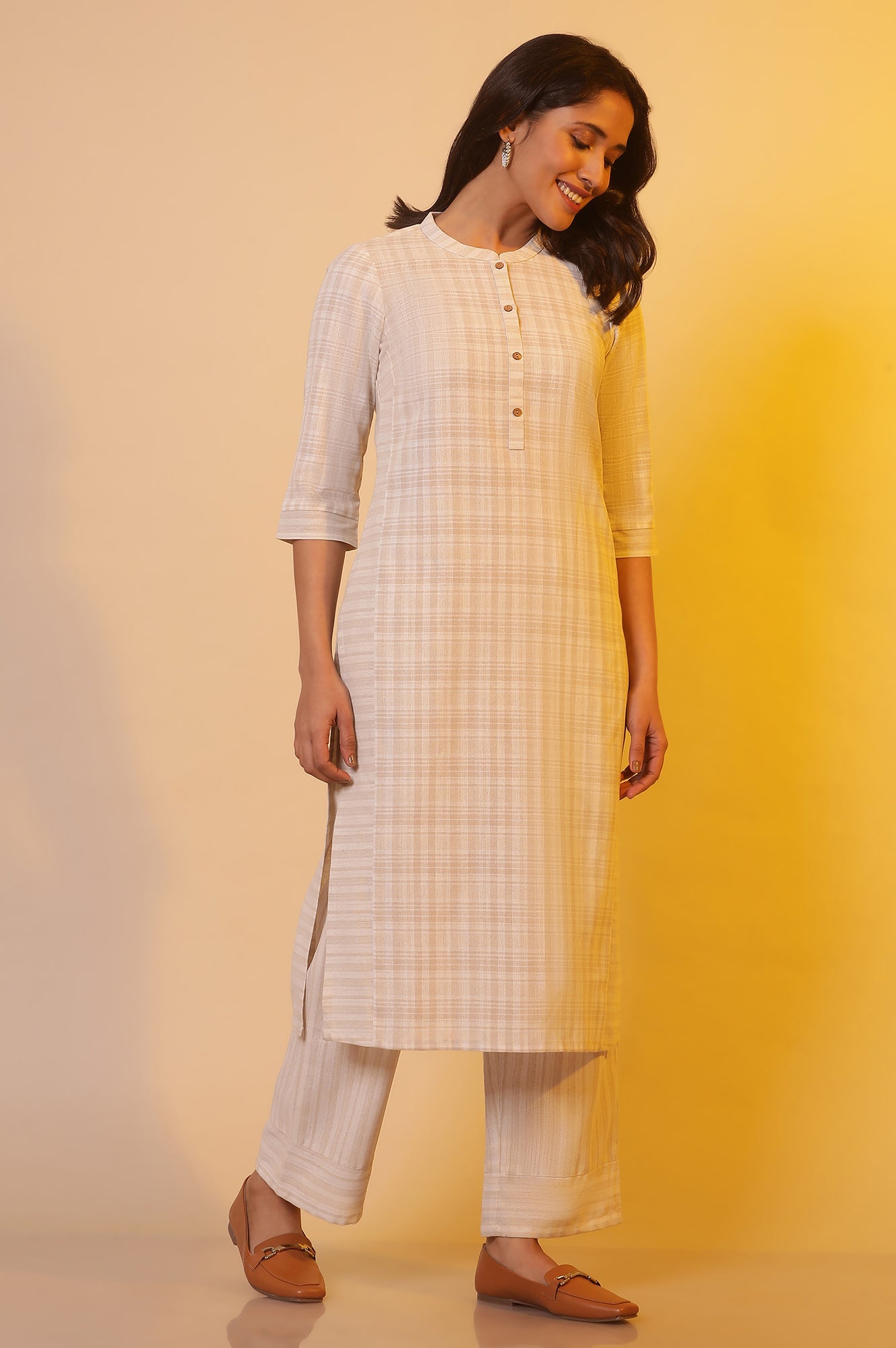 Beige Checker Cotton Blend Kurta and Palazzo Co-ord Set