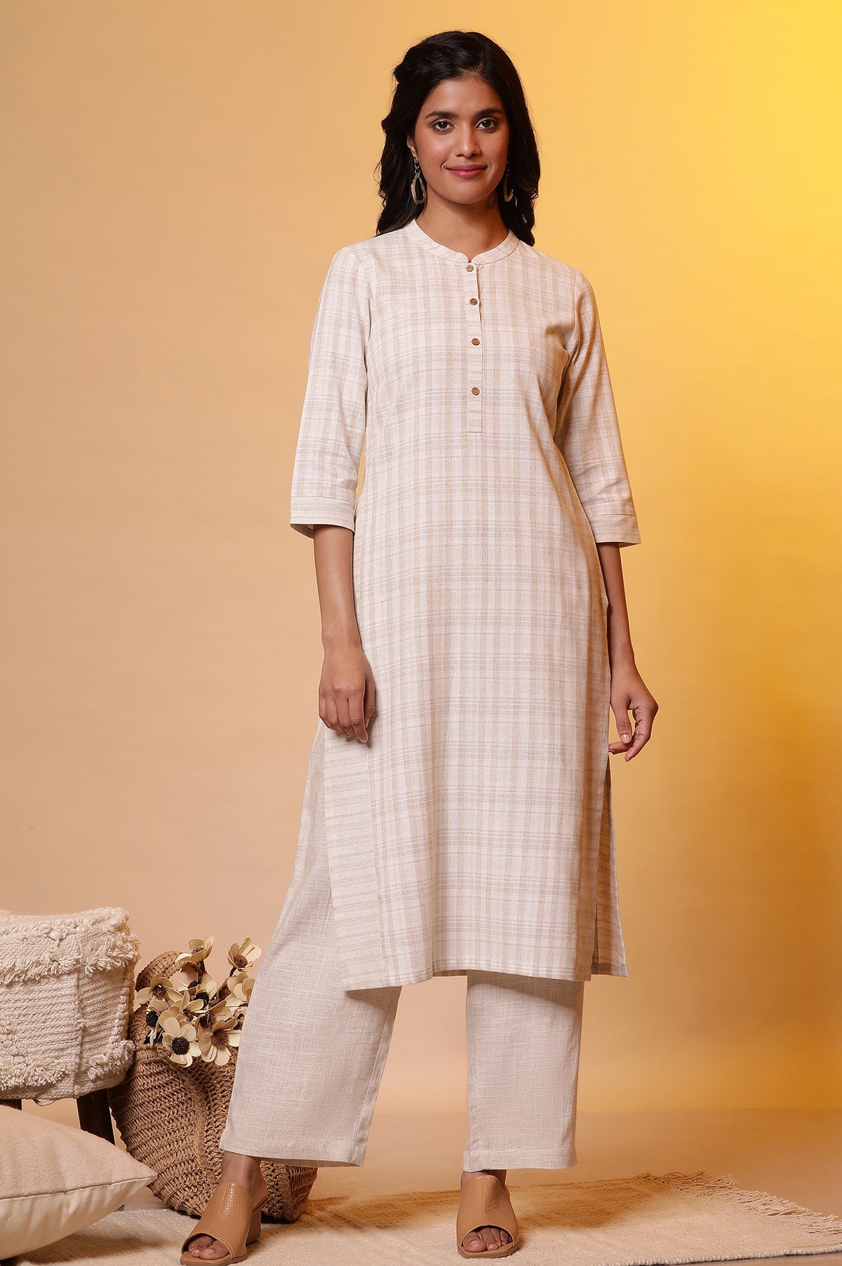Beige Yarn-Dyed Checkered Kurta and Palazzo Set - XS