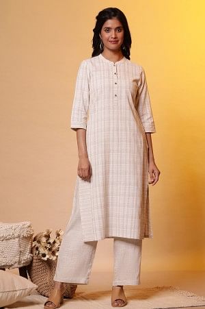 Beige Yarn-Dyed Checkered Kurta and Palazzo Set