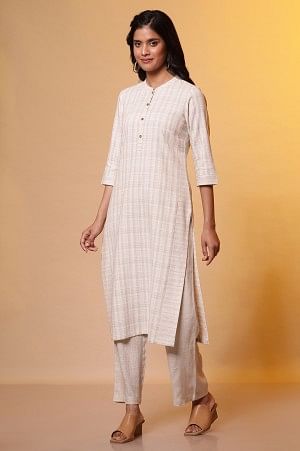 Beige Yarn-Dyed Checkered Kurta and Palazzo Set