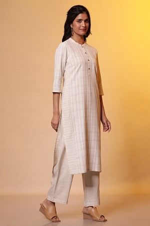 Beige Yarn-Dyed Checkered Kurta and Palazzo Set