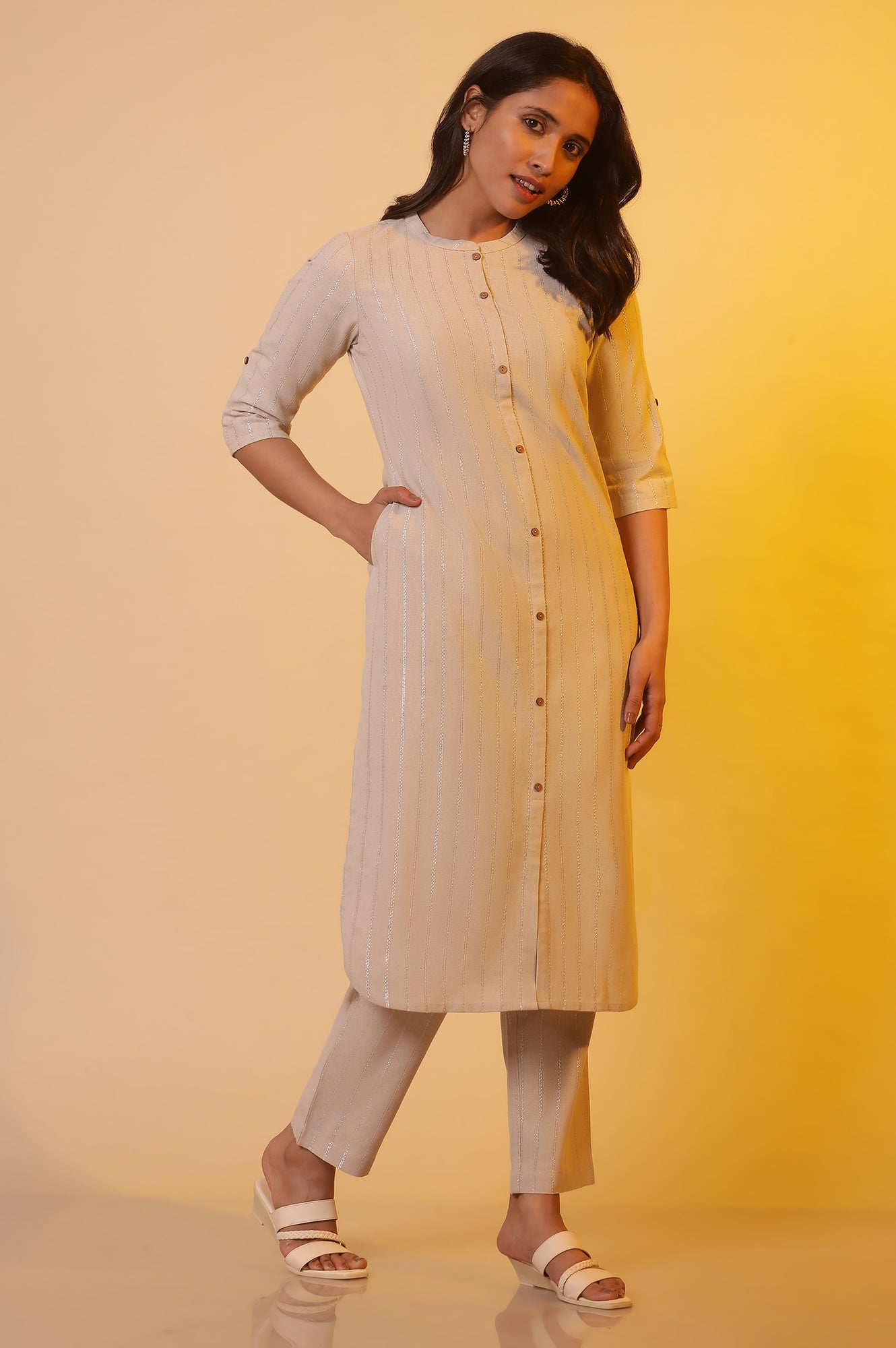 Beige with Lurex Stripes Kurta and Palazzo Co-ord Set