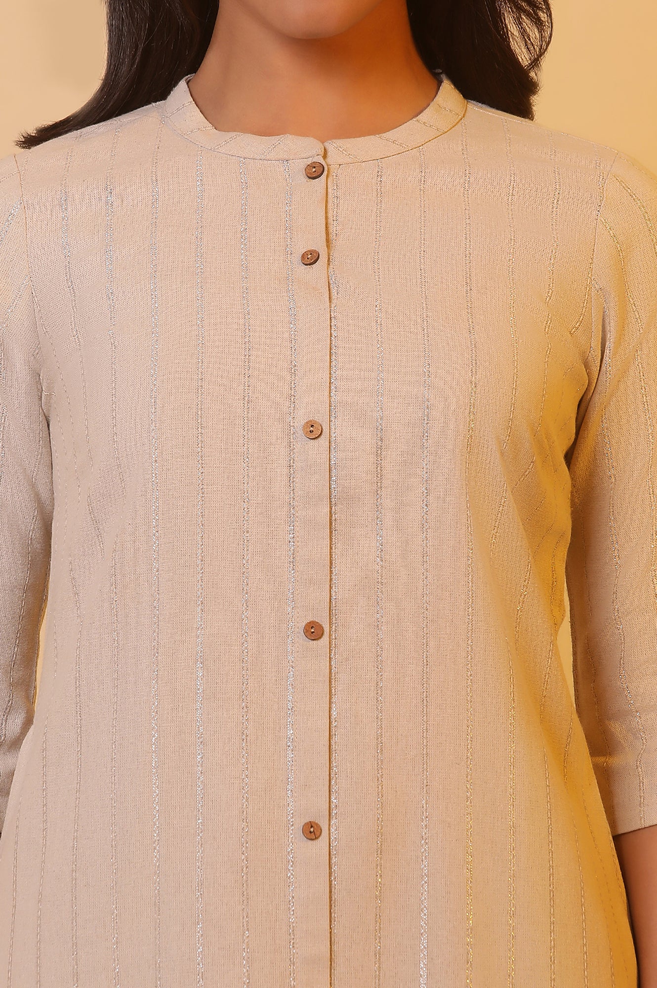 Beige with Lurex Stripes Kurta and Palazzo Co-ord Set