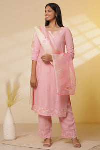 Pink Schiffli Embroidered Kurta, Pants and Ombre Dupatta Set