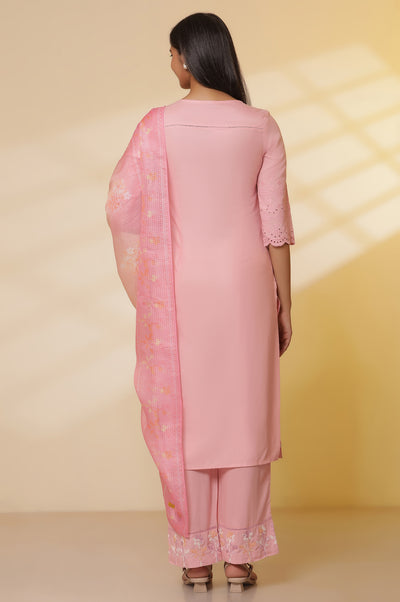 Pink Schiffli Embroidered Kurta, Pants and Ombre Dupatta Set