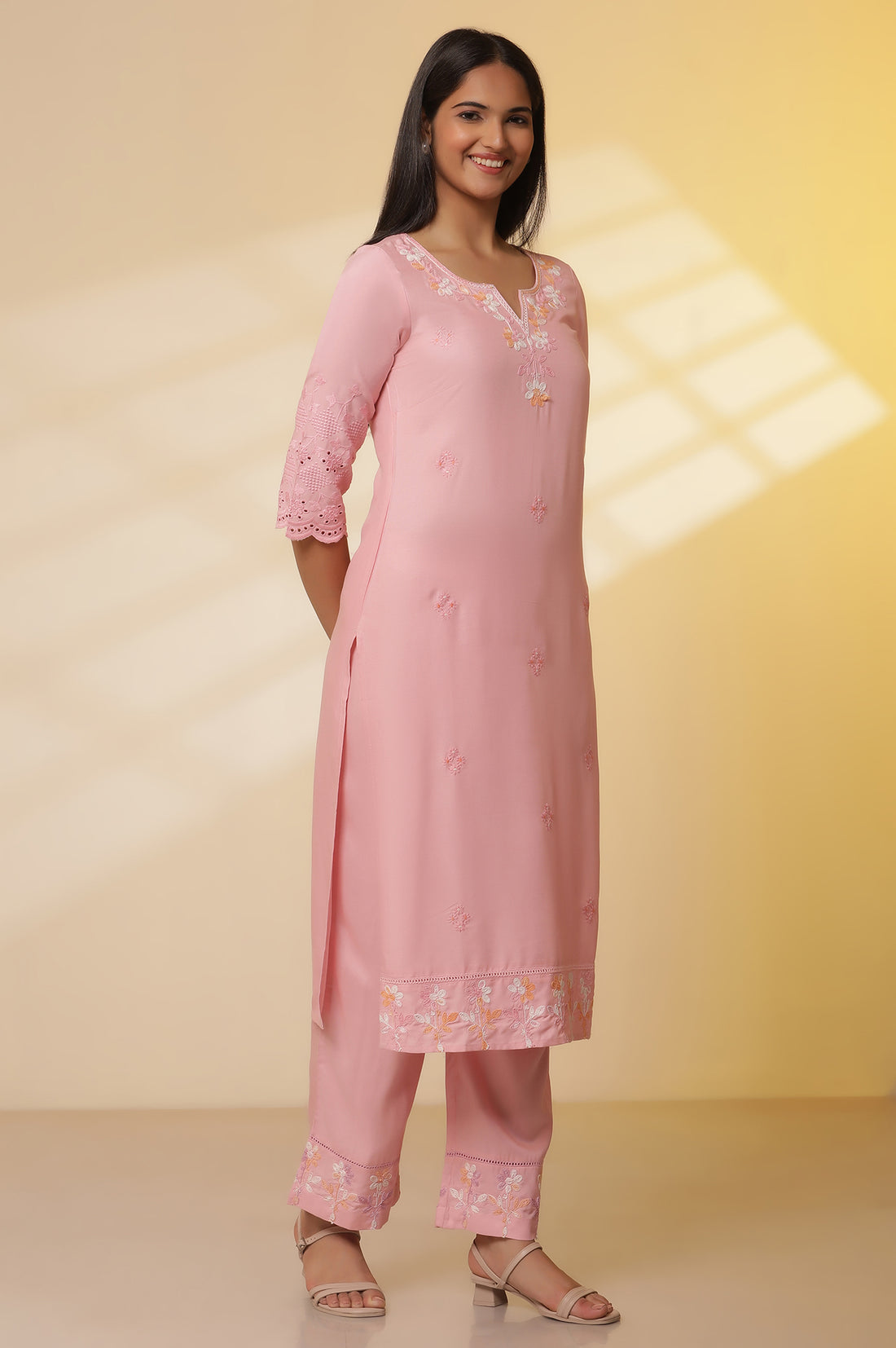 Pink Schiffli Embroidered Kurta, Pants and Ombre Dupatta Set