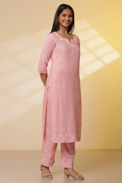 Pink Schiffli Embroidered Kurta, Pants and Ombre Dupatta Set