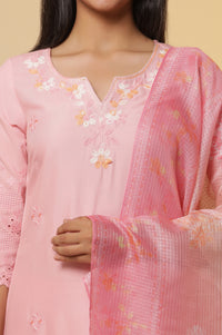 Pink Schiffli Embroidered Kurta, Pants and Ombre Dupatta Set