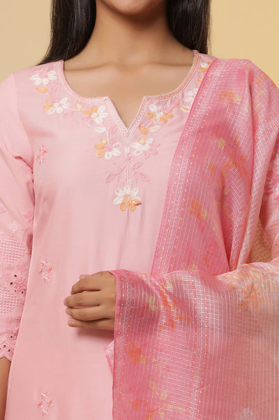 Pink Schiffli Embroidered Kurta, Pants and Ombre Dupatta Set