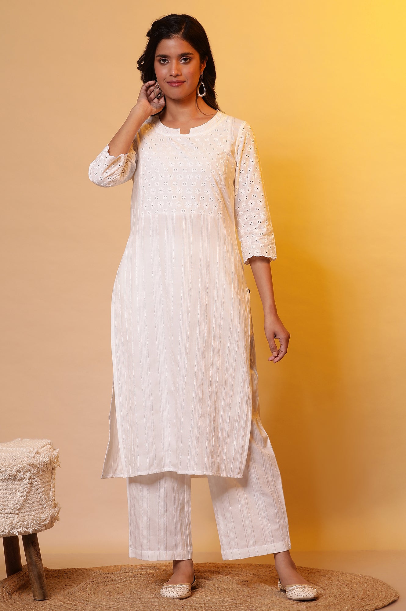 White Schiffli Embroidered Kurta and Palazzo Set