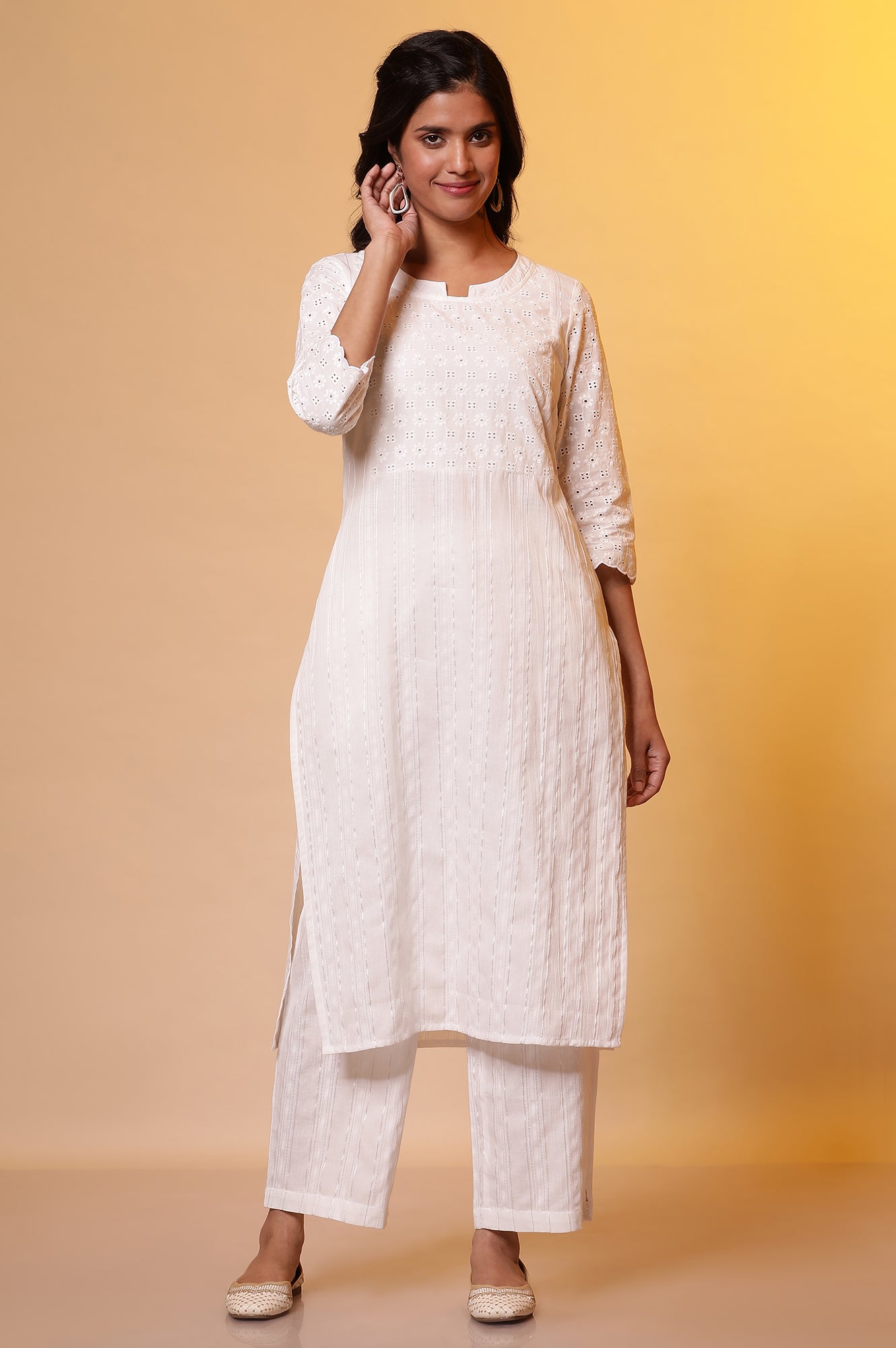 White Schiffli Embroidered Kurta and Palazzo Set