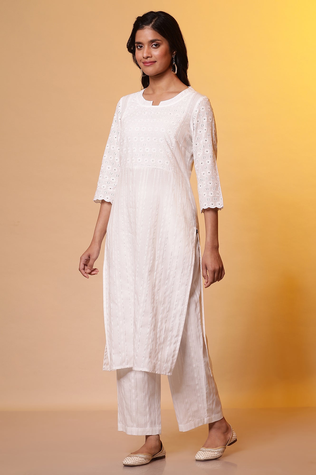 White Schiffli Embroidered Kurta and Palazzo Set