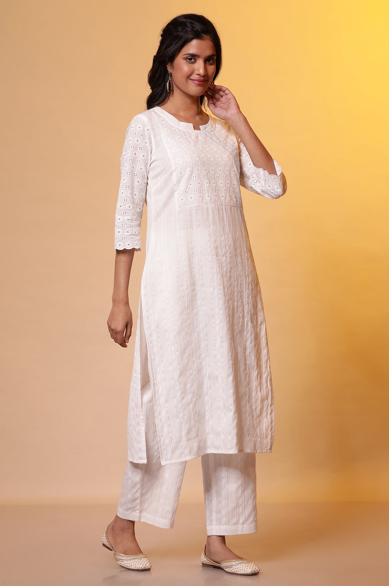 White Schiffli Embroidered Kurta and Palazzo Set