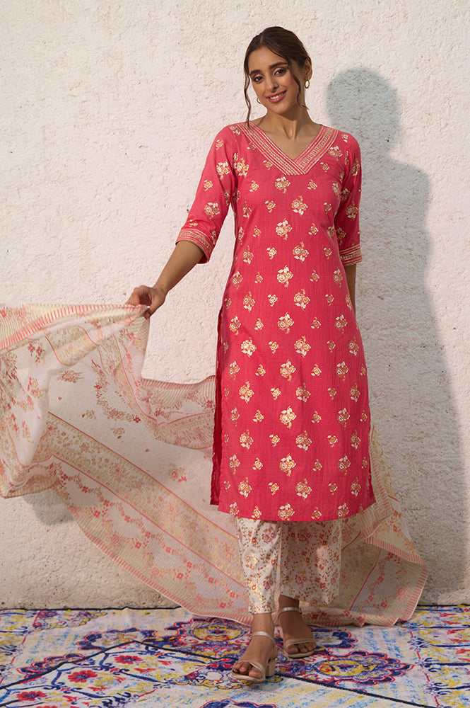 Pink Floral Foil Printed Kurta, Palazzo and Dupatta Set - XS