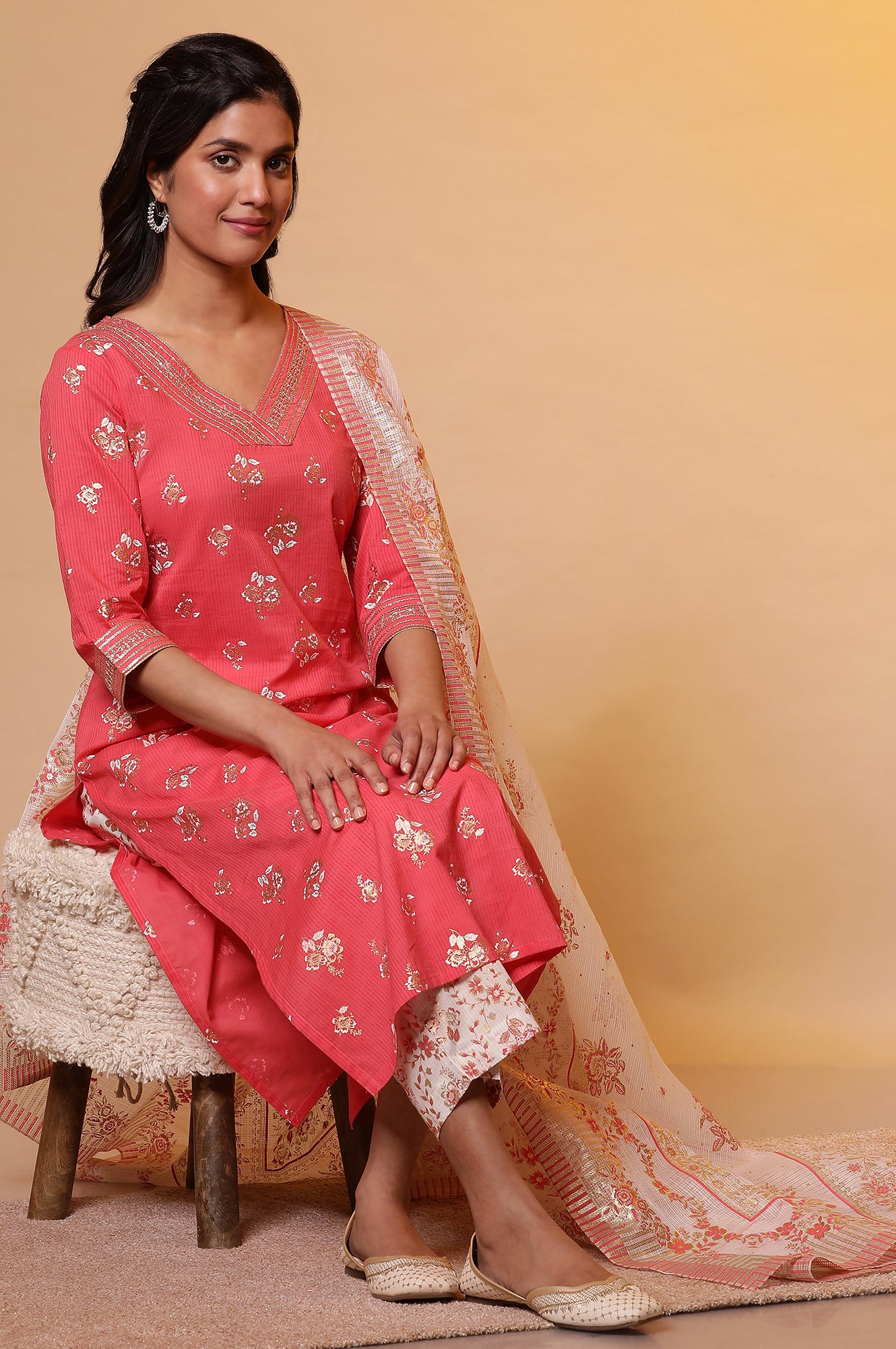 Pink Floral Foil Printed Kurta, Palazzo and Dupatta Set