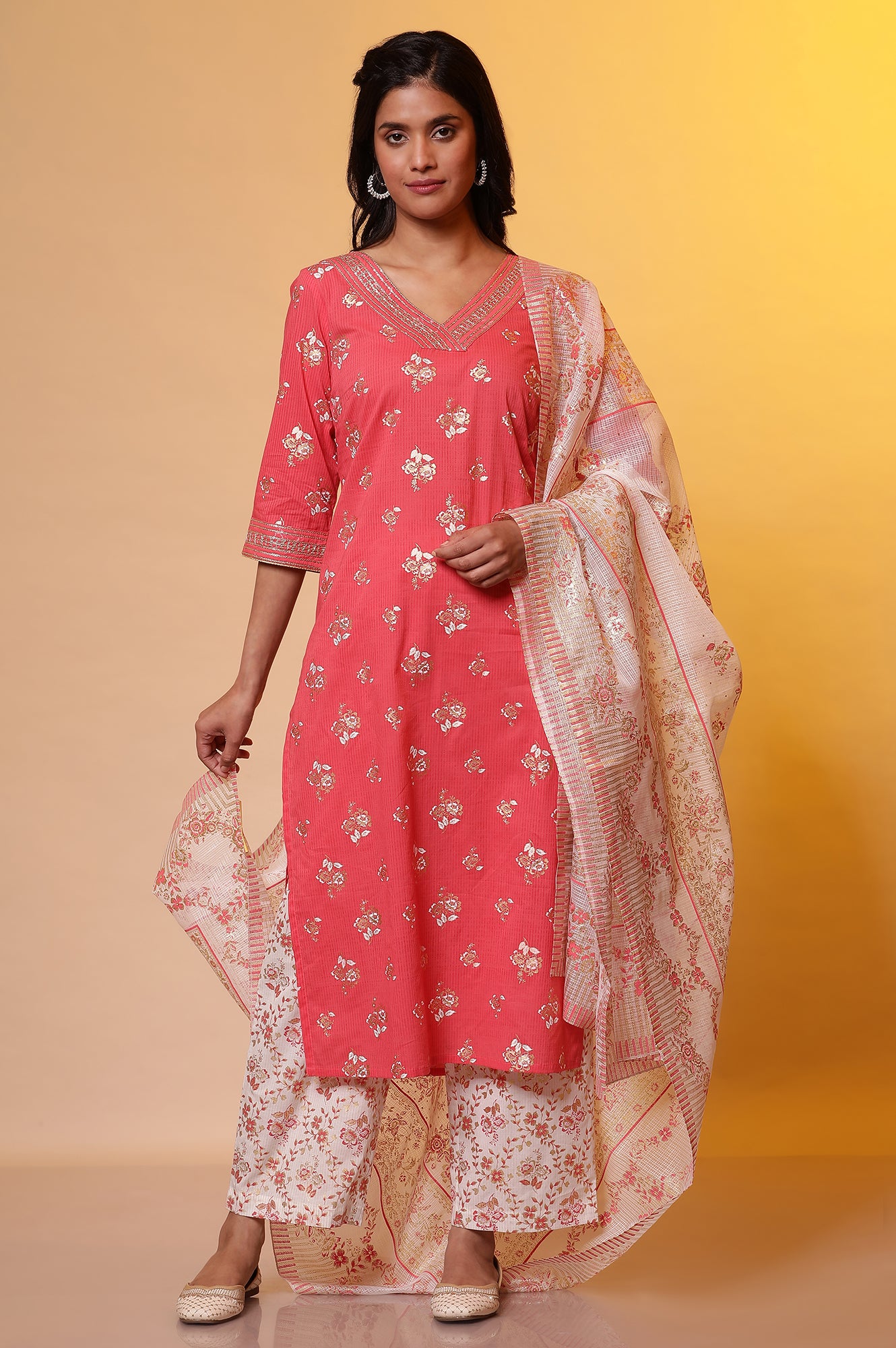 Pink Floral Foil Printed Kurta, Palazzo and Dupatta Set