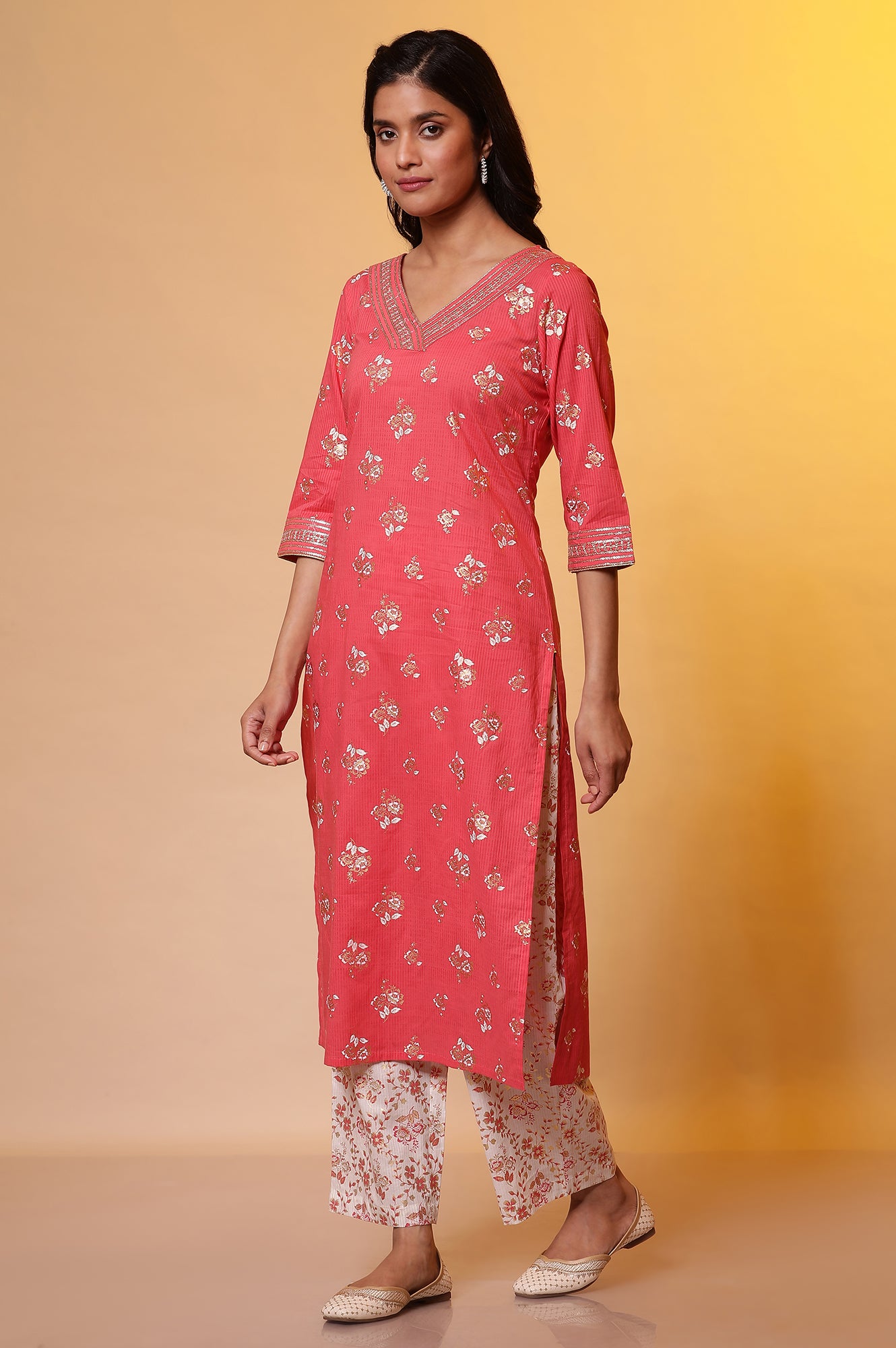 Pink Floral Foil Printed Kurta, Palazzo and Dupatta Set