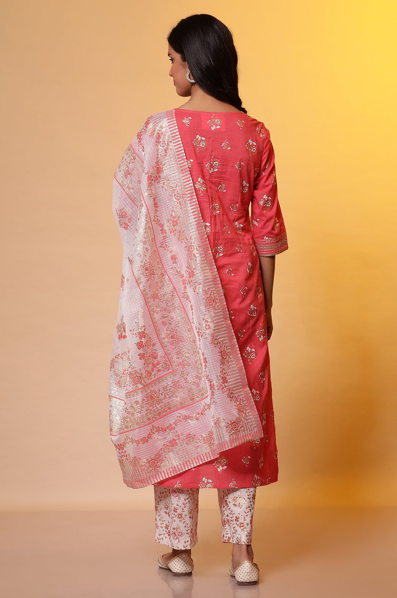 Pink Floral Foil Printed Kurta, Palazzo and Dupatta Set