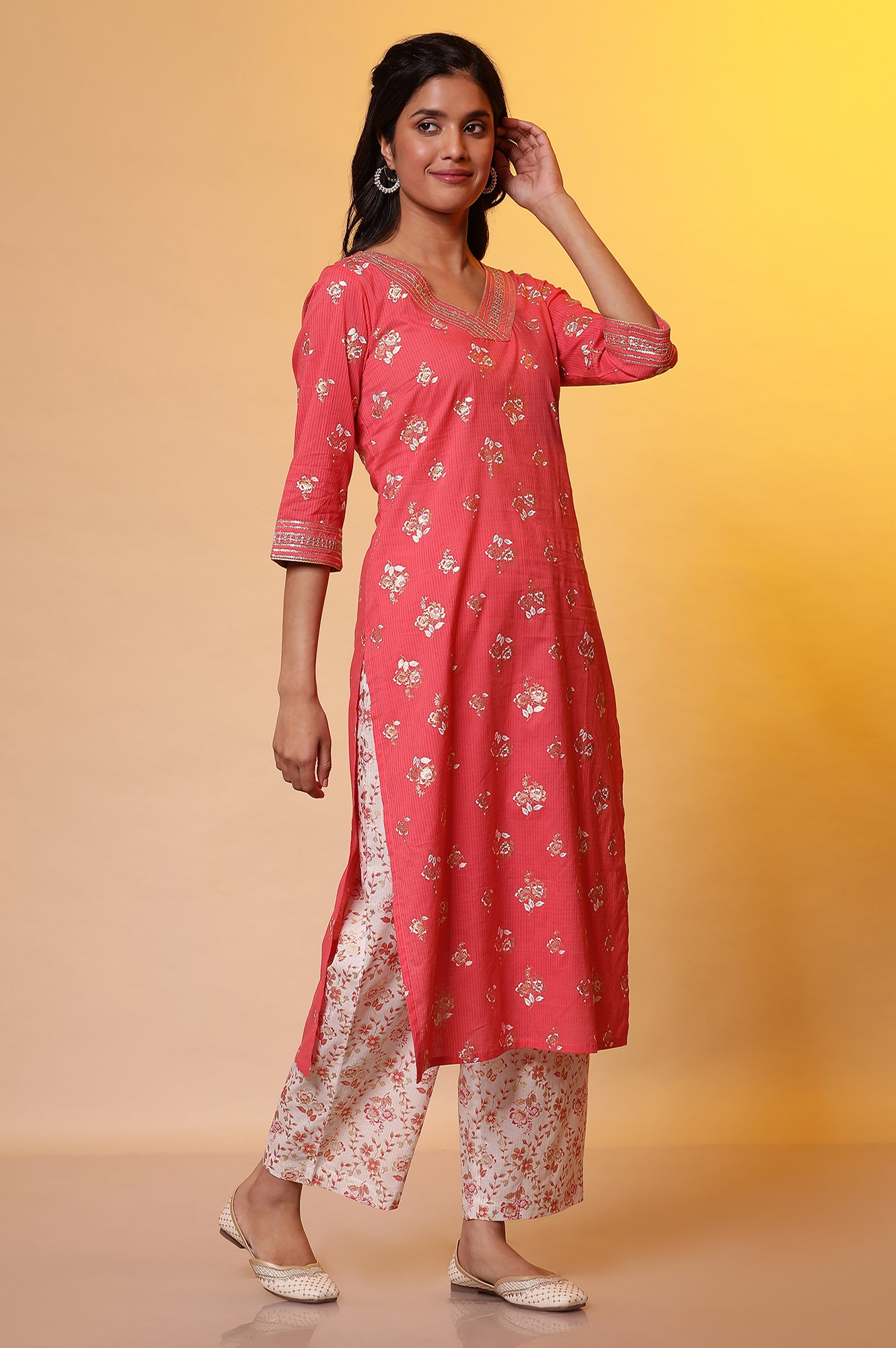 Pink Floral Foil Printed Kurta, Palazzo and Dupatta Set