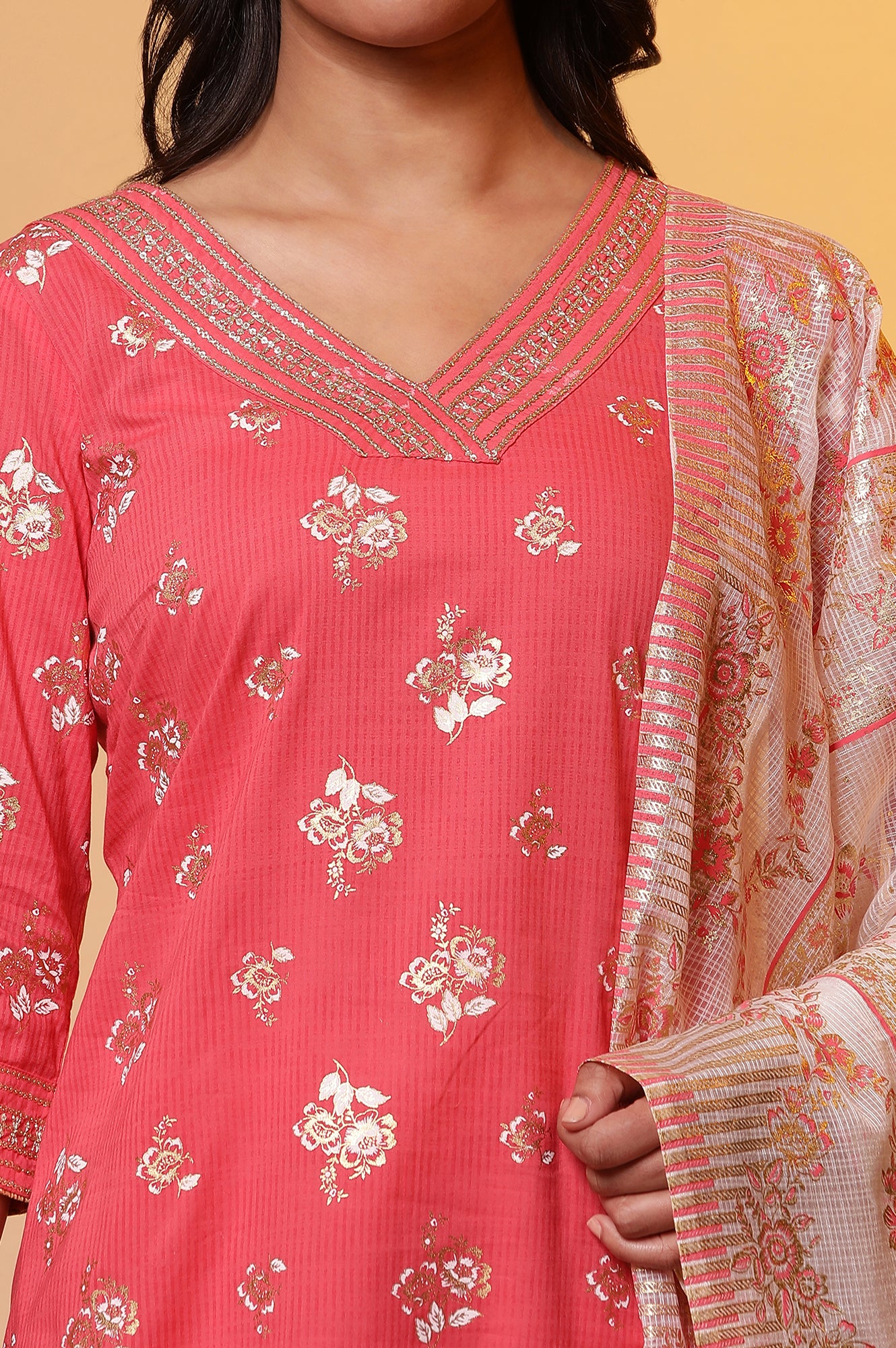 Pink Floral Foil Printed Kurta, Palazzo and Dupatta Set