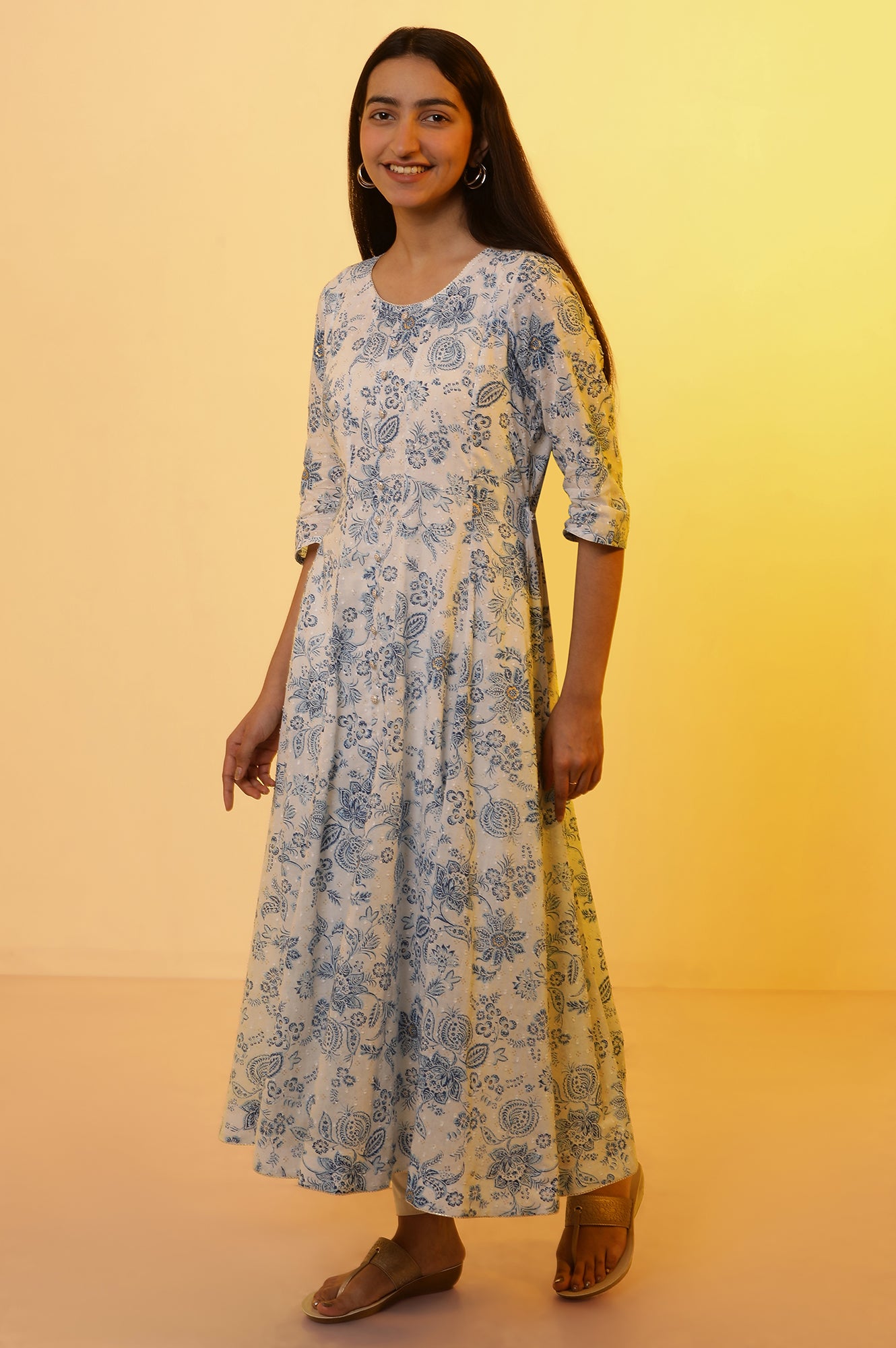 White Floral Printed Flared Kurta, Tights and Dupatta Set